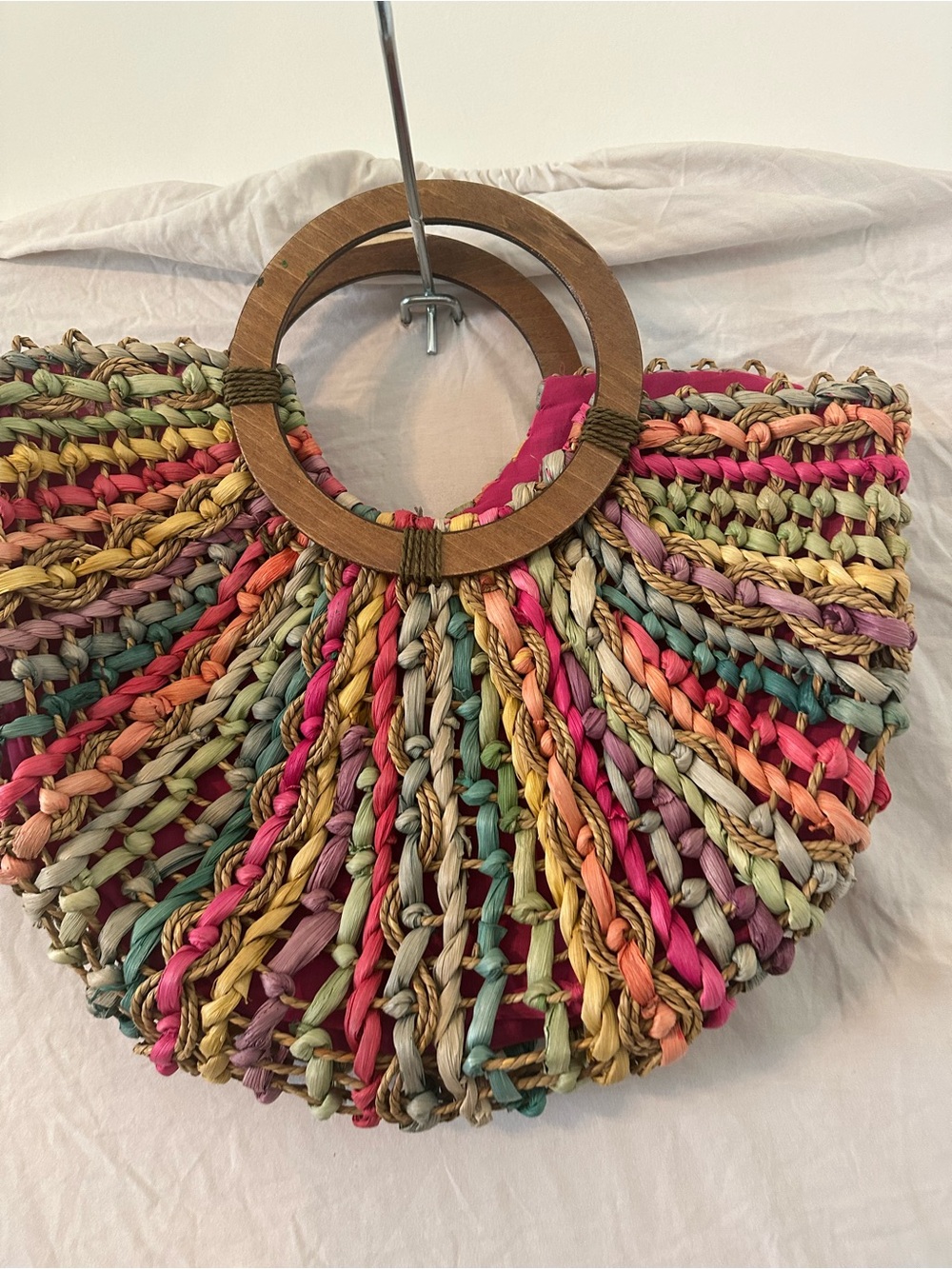 Multicolor cappelli Woven Raffia Tote with Wooden Round Handles